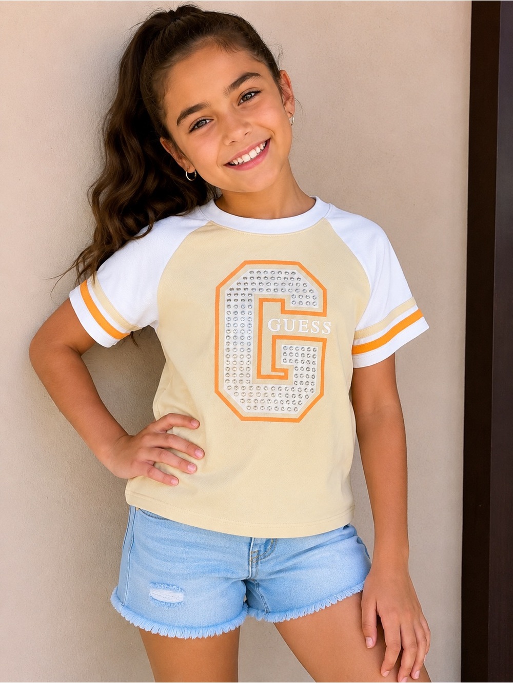 GUESS Kids Girls Varsity Rhinestone Logo Tee | Size M (10-12) | Cream & White - Picture 1 of 4